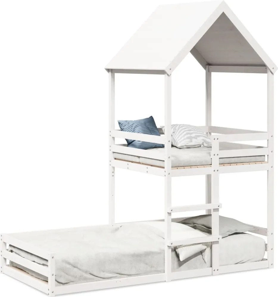 vidaXL Pat supraetajat cu acoperiș, alb, 90x200 cm, lemn masiv de pin