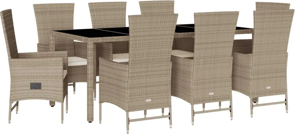 vidaXL Set de masă pentru grădină, 9 piese, cu perne, bej, poliratan