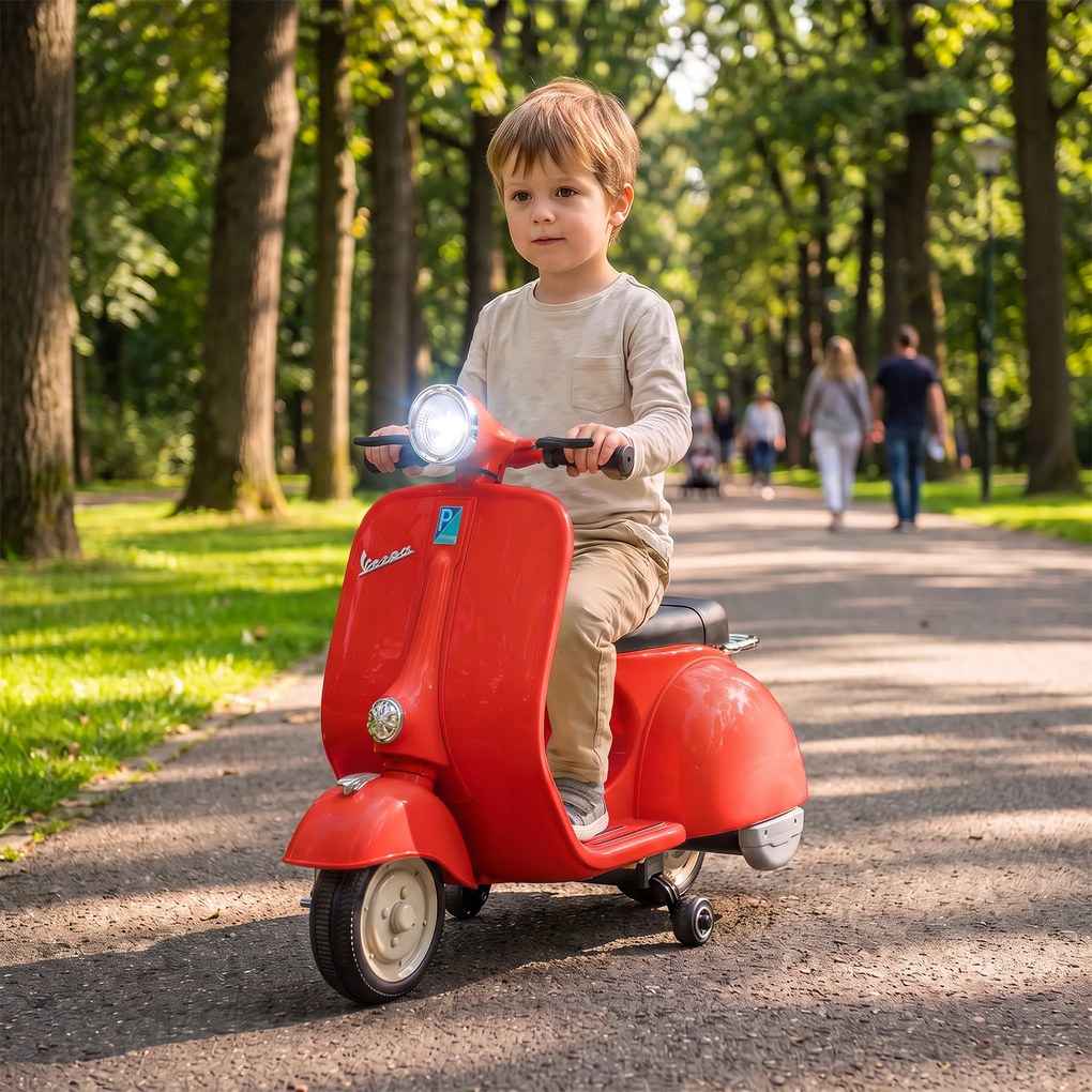 AIYAPLAY Motocicletă Electrică pentru Copii 3+ Ani, licență VESPA, 6V, cu roți ajutătoare detașabile, max. 30 kg, Roșu | Aosom Romania