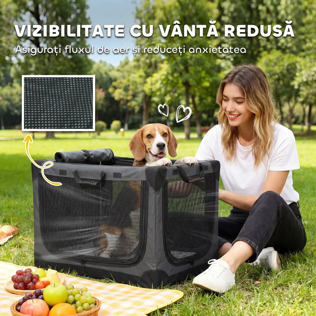 PawHut Cușcă de Transport Pliabilă pentru Câini și Pisici cu Pernă, Husă Lavabilă, Uși, din Oxford Respirabil 600D, 76x54x54 cm, Verde | Aosom Romania