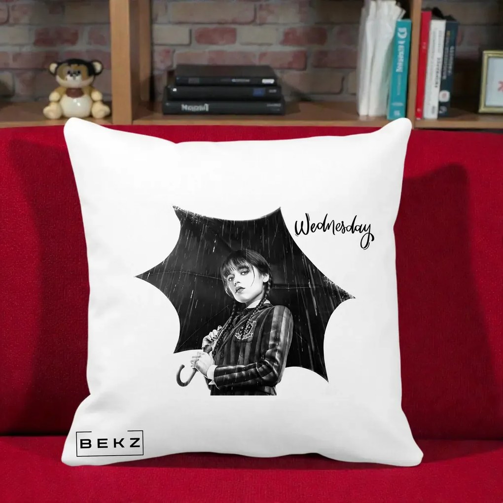 Perna Personalizata Wednesday Addams cu Umbrela Foto, 40x40 cm, Alba Mata, Husa Detasabila, Perna Inclusa, BEKZ®