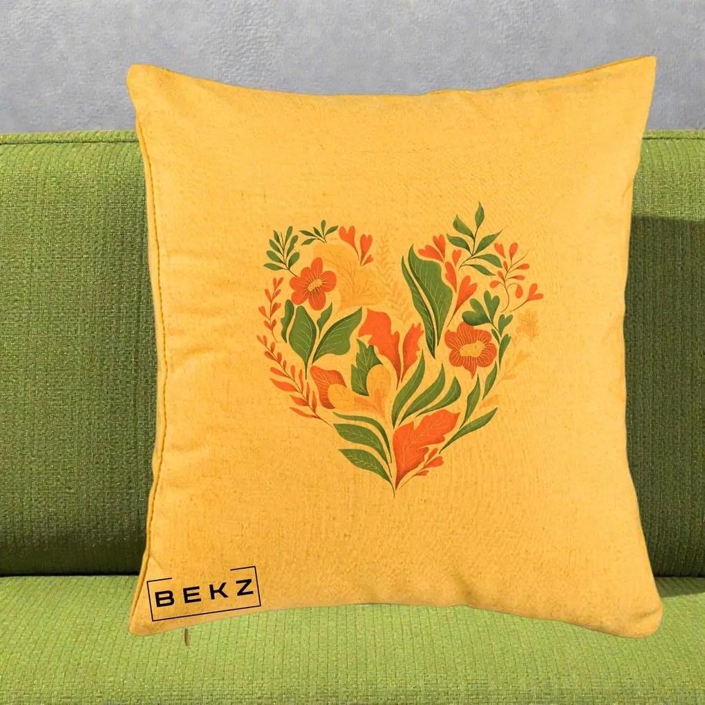 Perna Decorativa Inima Florala Botanica, 40x40 cm, Galben, Husa Detasabila, Perna Inclusa, BEKZ®