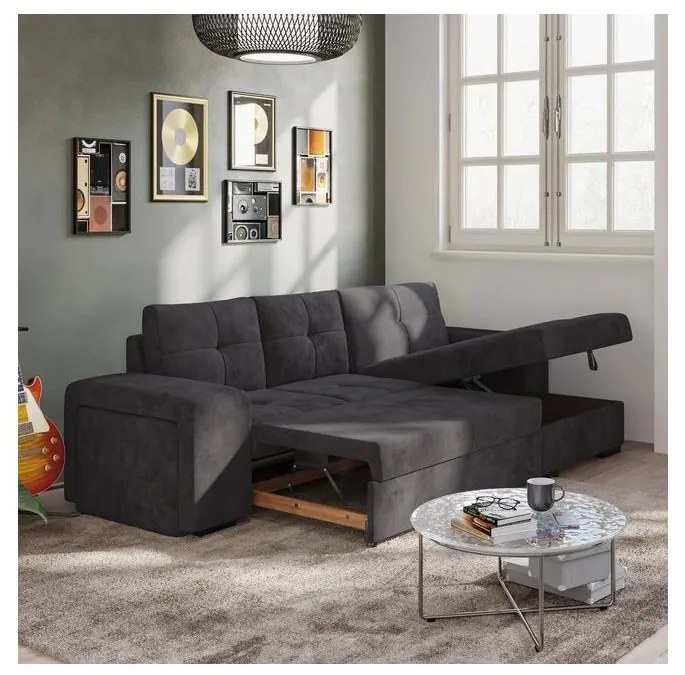 Canapea extensibilă PALERMO cu spațiu de depozitare și taburet, neagră, versiune dreaptă