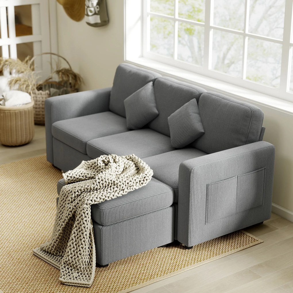 HOMCOM Divan 3 Locuri cu Pouf de Depozitare din Velur cu Nervuri 196x139x85 cm, Gri | Aosom Romania