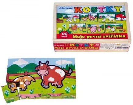 Cuburi Primele mele animale din lemn 15buc in cutie de lemn