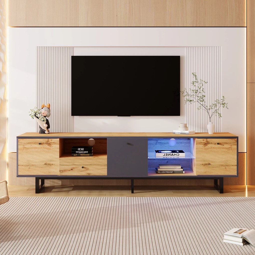 Mobilierul TV Jos pentru Living cu Efecte Luminoase LED, Rafturi din Sticlă și Balamale Amortizate, 190x40x50 cm, Natural