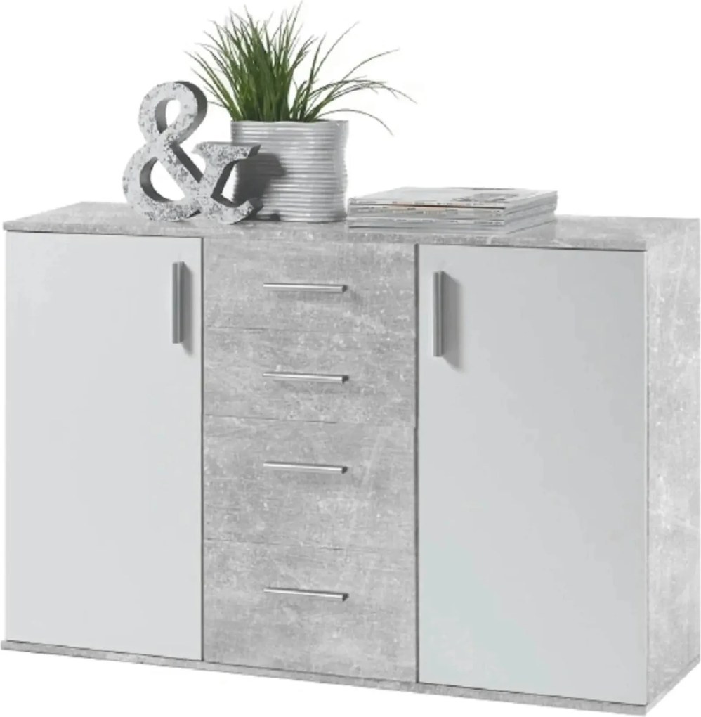 Comoda POPPY 5, alb/gri ciment, PAL melaminat, 120x35x82 cm