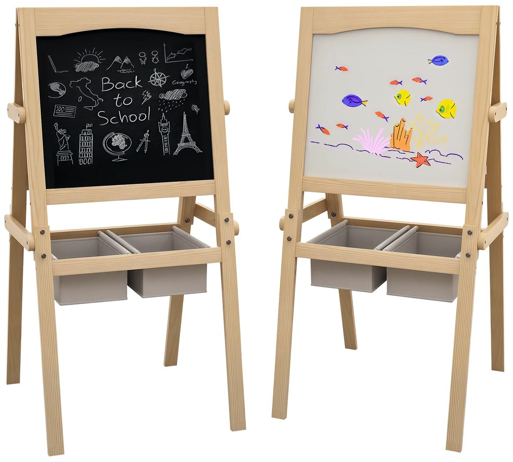 AIYAPLAY Sevalet Creativ 3 în 1 pentru Copii, cu Rola de Hârtie, Tablă pentru Creion și Cretă, Educațional, Lemn Natural, 3-6 Ani | Aosom Romania
