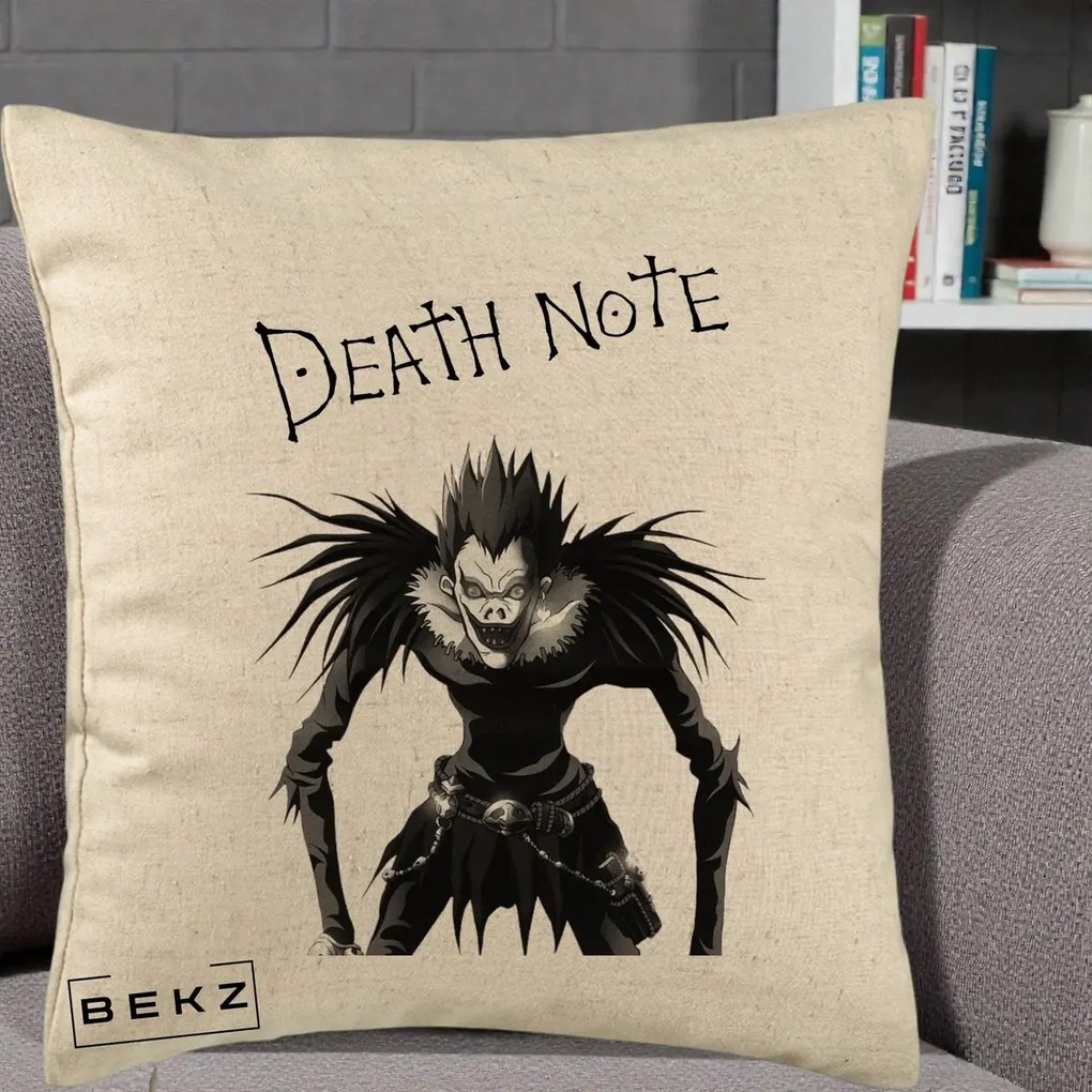 Perna Personalizata Death Note Ryuk Shinigami Alb-Negru, 40x40 cm, Bej, Husa Detasabila, Perna Inclusa, BEKZ®