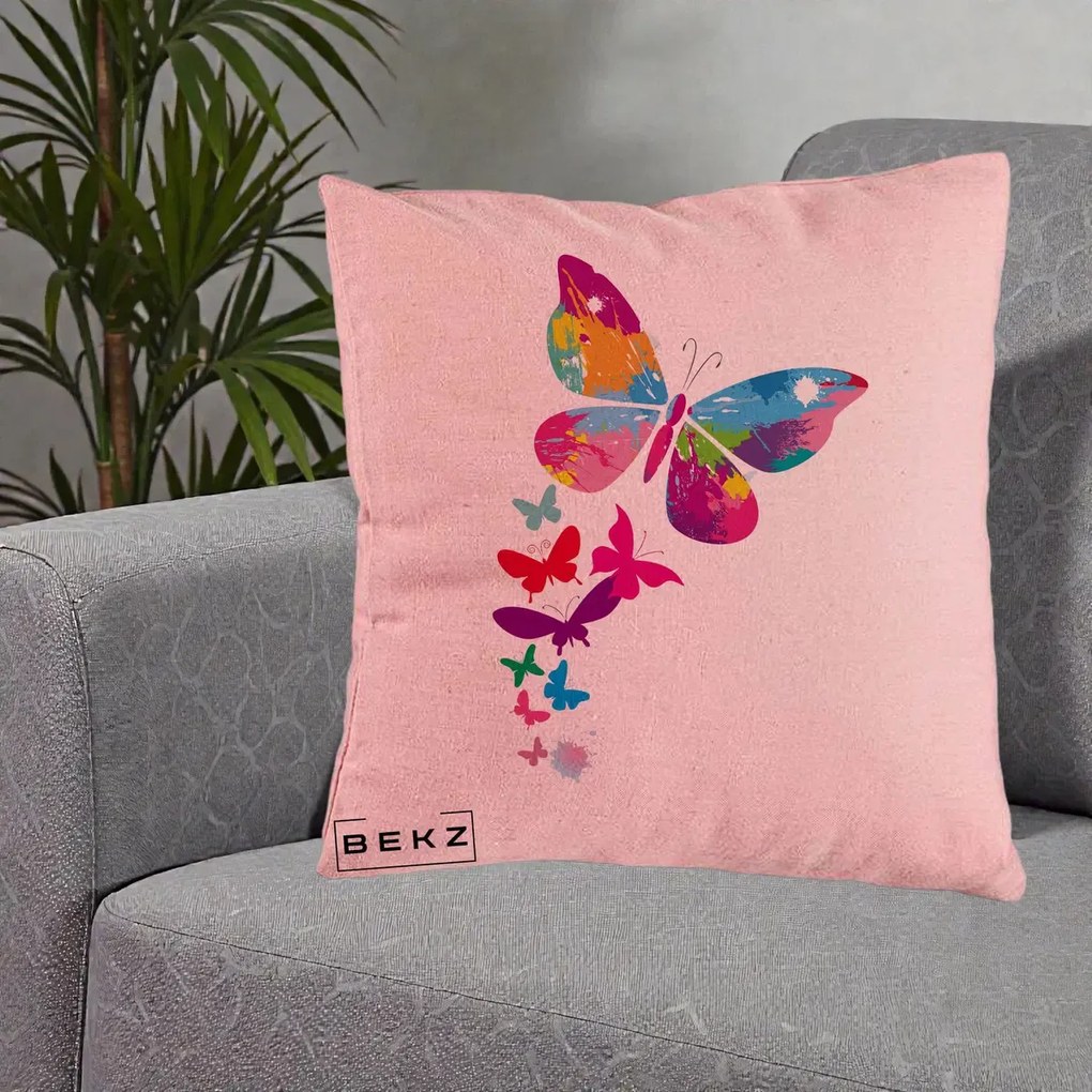 Perna Decorativa Fluturi Splash, 40x40 cm, Roz, Husa Detasabila, Perna Inclusa, BEKZ®