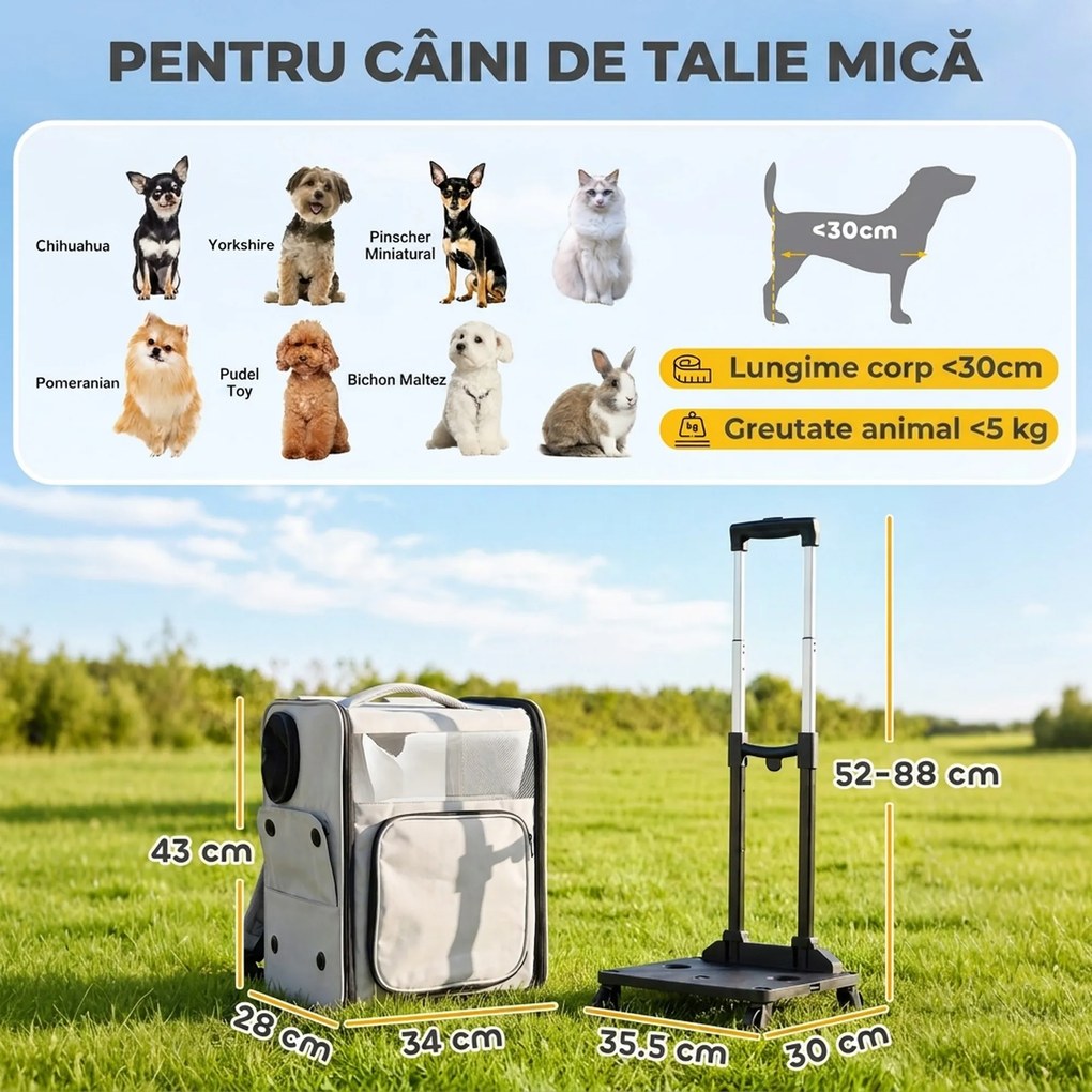 PawHut Transportor pentru Câini Și Pisici cu Roți, Mâner Telescopic, 2 Ferestre din Plasă, până la 5 kg, Gri | Aosom Romania