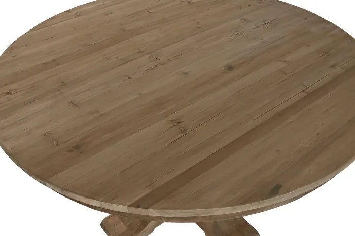 Masă dining rotundă din lemn reciclat, natur, 6 locuri, cu picior central în formă de balustru, 76 x 140 cm, „Mesa”