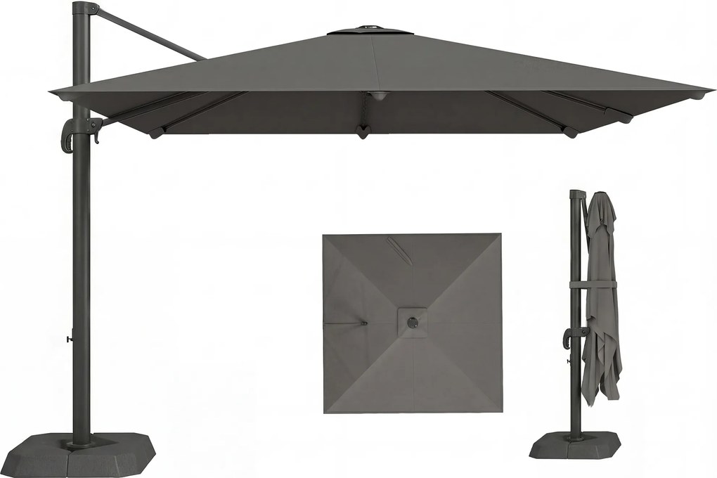 Outsunny Umbrelă Decentralizată de Grădină cu Manivelă 3x3m și Bază cu Greutăți Umplibile, Umbrelă de Exterior Pătrată Inclinabilă și Rotativă 360°, din Aluminiu pentru Terasă sau Piscină, UV30+, Gri Închis | Aosom Romania