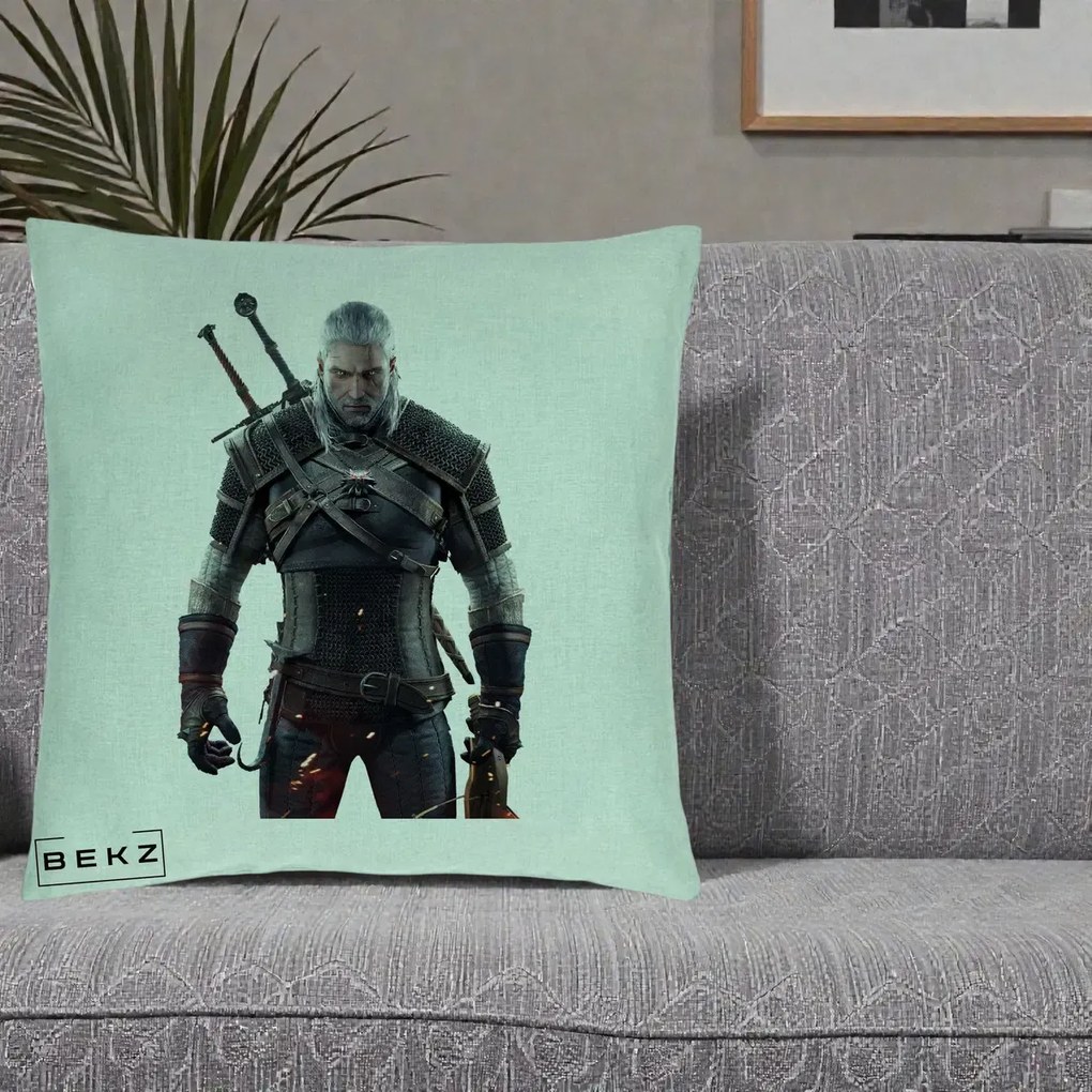Perna Personalizata The Witcher Geralt of Rivia Portret, 40x40 cm, Verde Menta, Husa Detasabila, Perna Inclusa, BEKZ®