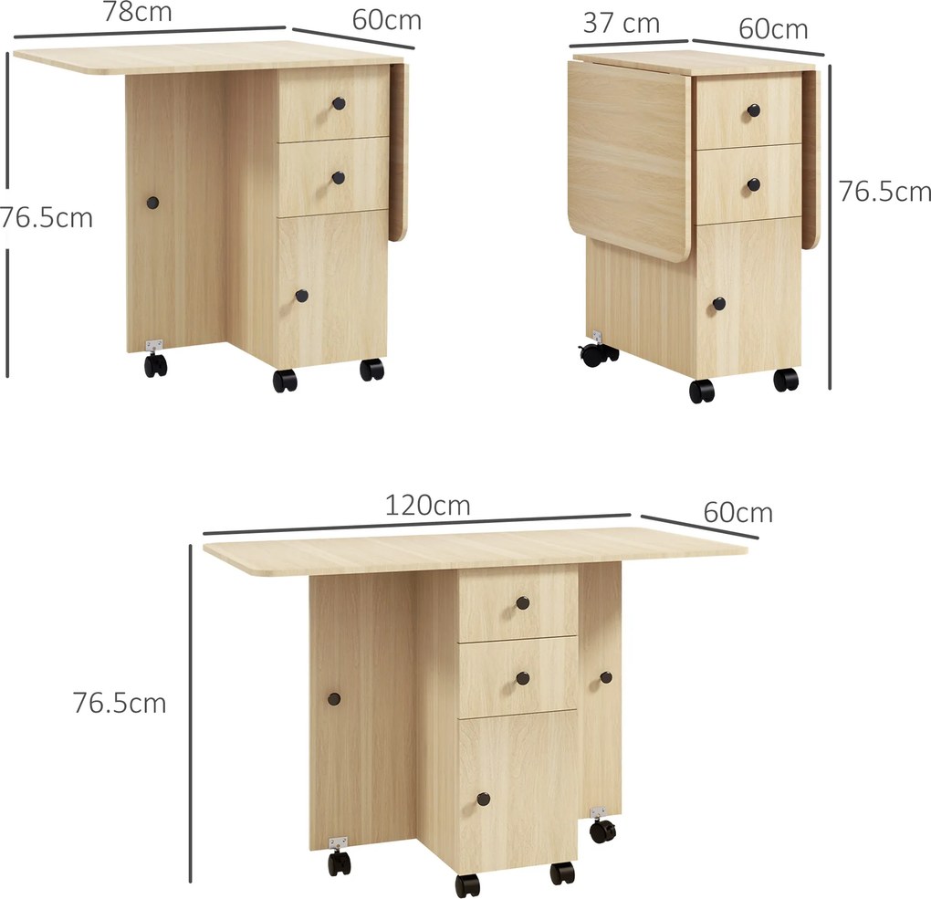 HOMCOM Masă de Bucătărie Pliabilă, Masă Rabatabilă cu Roți și Frâne pentru 6 Persoane, Birou Pliabil cu 2 Sertare și Dulap, pentru Living, 120x60x76.5 cm, Lemn Natural | Aosom Romania