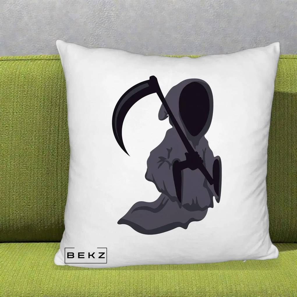 Perna Decorativa Moartea cu Coasa Grim Reaper Halloween, 40x40 cm, Alb Pufos, Husa Detasabila, Perna Inclusa, BEKZ®