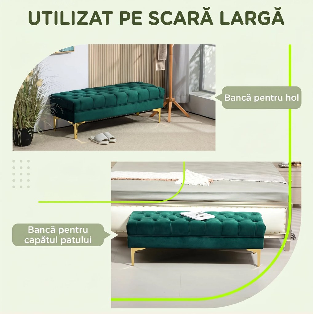 HOMCOM Bancă Hol, cu Husă Capitonată din Catifea cu Picioare Metalice pentru intrare, dormitor sau sufragerie, 118x45x42 cm, Verde | Aosom Romania