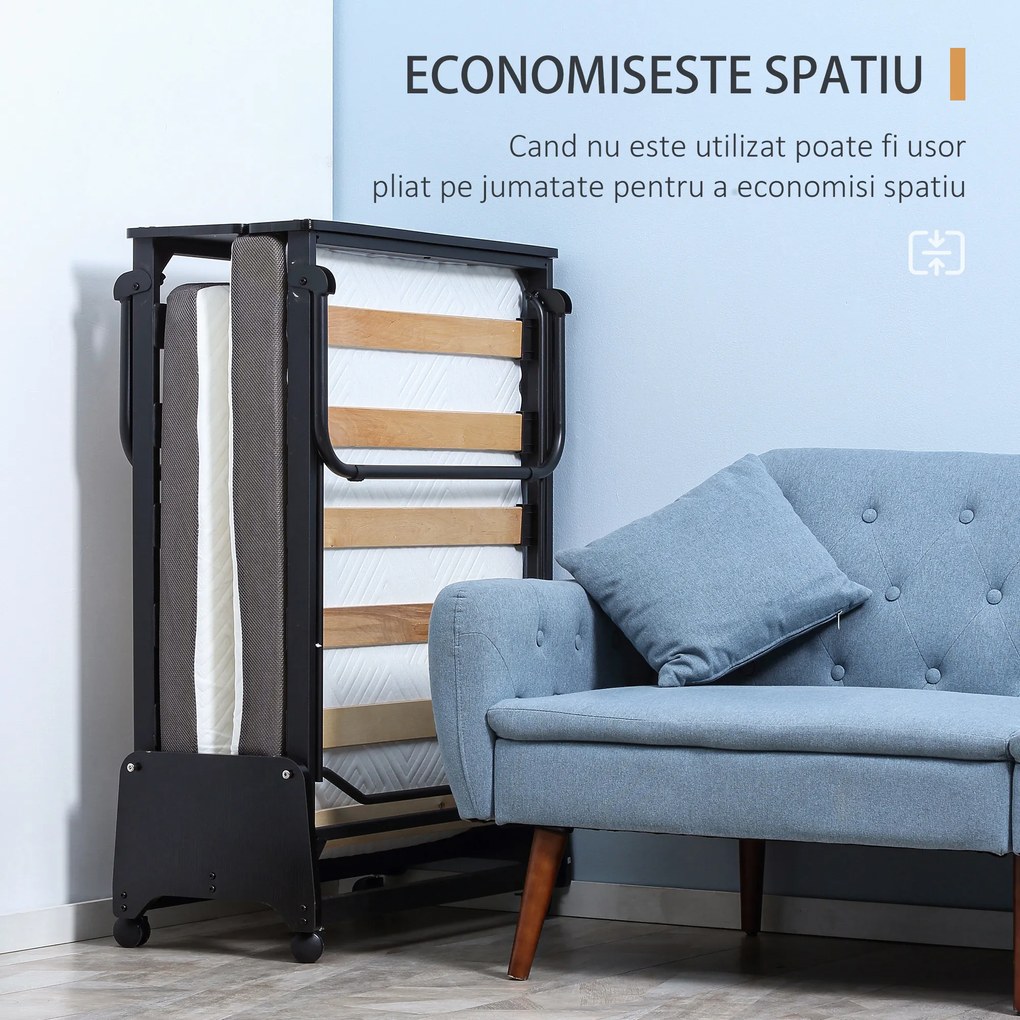 Pat pliant cu saltea de 10 cm inaltime HOMCOM, pentru o persoana cu roti si lamele, 80x200cm, negru | Aosom RO