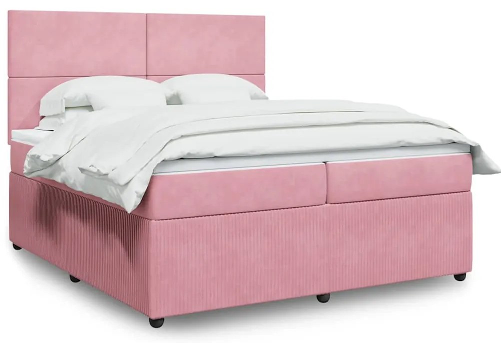 vidaXL Pat box spring cu saltea, roz, 200x200 cm, catifea