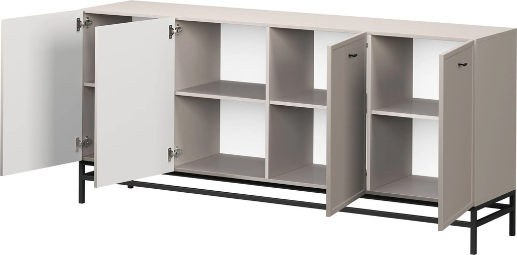Comodă cu patru uși Lorini 200 cm - cașmir / mânere negre tip T-bar / cadru metalic