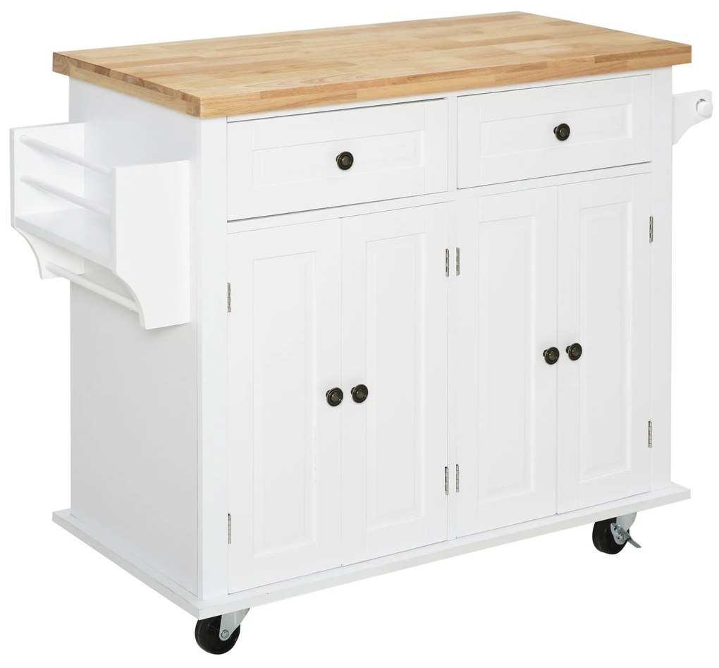 HOMCOM Carucior Bucatarie Sertare Dulapuri 4 Roti Lemn 111x44.5x82.5cm Alb | Aosom Romania