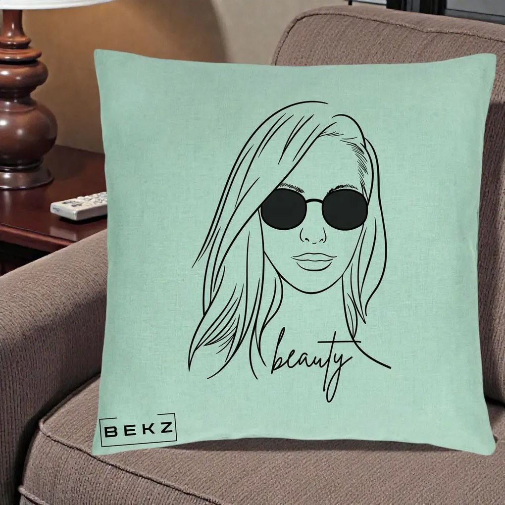 Perna Decorativa Beauty Girl Line Art, 40x40 cm, Verde Menta, Husa Detasabila, Perna Inclusa, BEKZ®