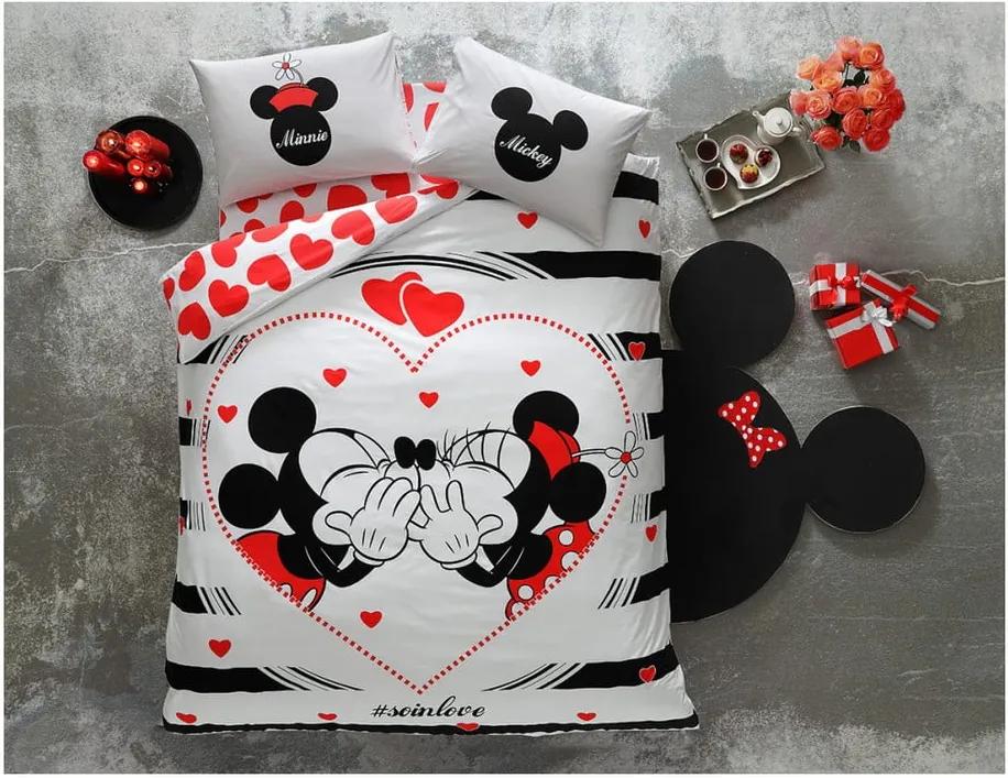 Lenjerie de pat cu cearșaf din bumbac, pentru pat dublu Tac Mickey & Minnie Amour, 200 x 220 cm