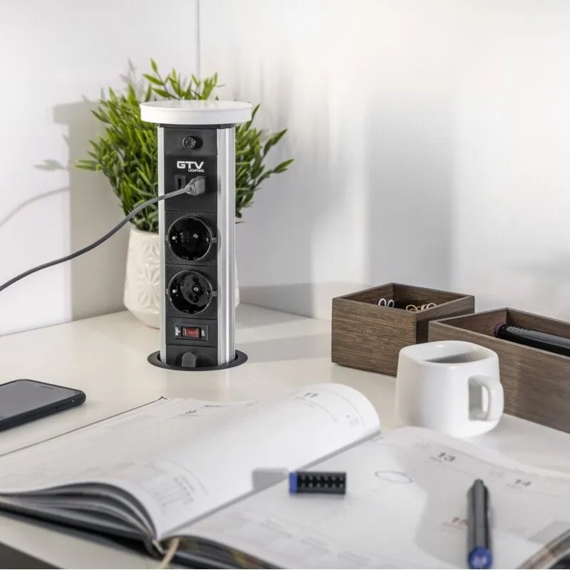 Priză încorporabilă în blat Camino GTV, încărcător wireless 10W, 2 prize Schuko, USB A + C, negru, D:80 mm D:80 mm, Aluminiu/Plastic, Negru