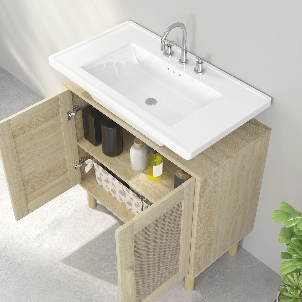 HOMCOM Mobila baie sub chiuveta mobilier sub chiuveta usi din rachita picioare din lemn de pin 2 nivele 60 x 30 x 60 cm stejar | Aosom Romania