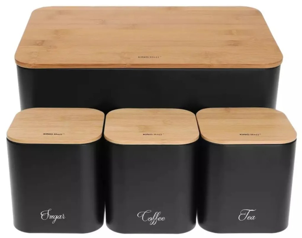 Set cutie de paine neagra cu 3 recipiente, otel, capace din bambus, Kinghoff KH1586