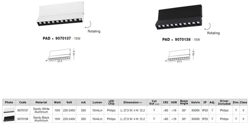 Spot LED aplicat ajustabil PAD 15W alb