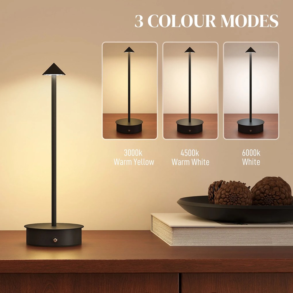 HOMCOM Lampă de Masă Reîncărcabilă cu USB, Lampă Fără Fir cu Temperatura Culorii Reglabilă 3000K/4500K/6500K, Control Tactil, Autonomie 4-8 Ore, Negru | Aosom Romania