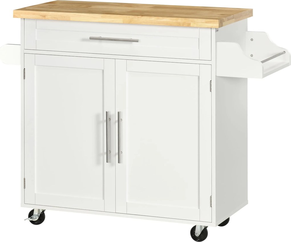 Carucior de bucatarie cu sertar și dulap, 4 roti din care 2 cu frana, lemn, 109x40x89cm, alb HOMCOM | Aosom Romania