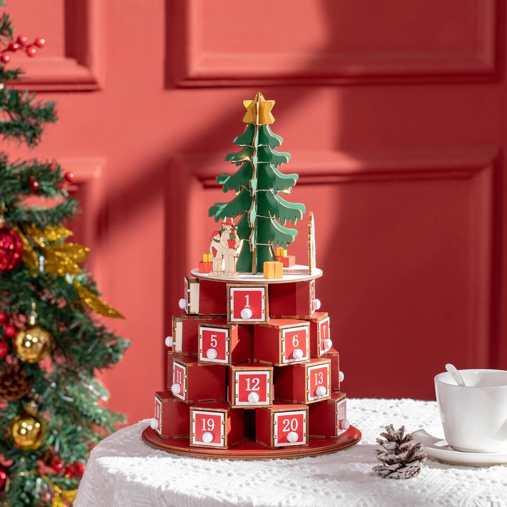 Calendar Advent de Craciun din lemn, cu lumini LED, pentru copii si adulti, rosu si verde HOMCOM | Aosom Romania