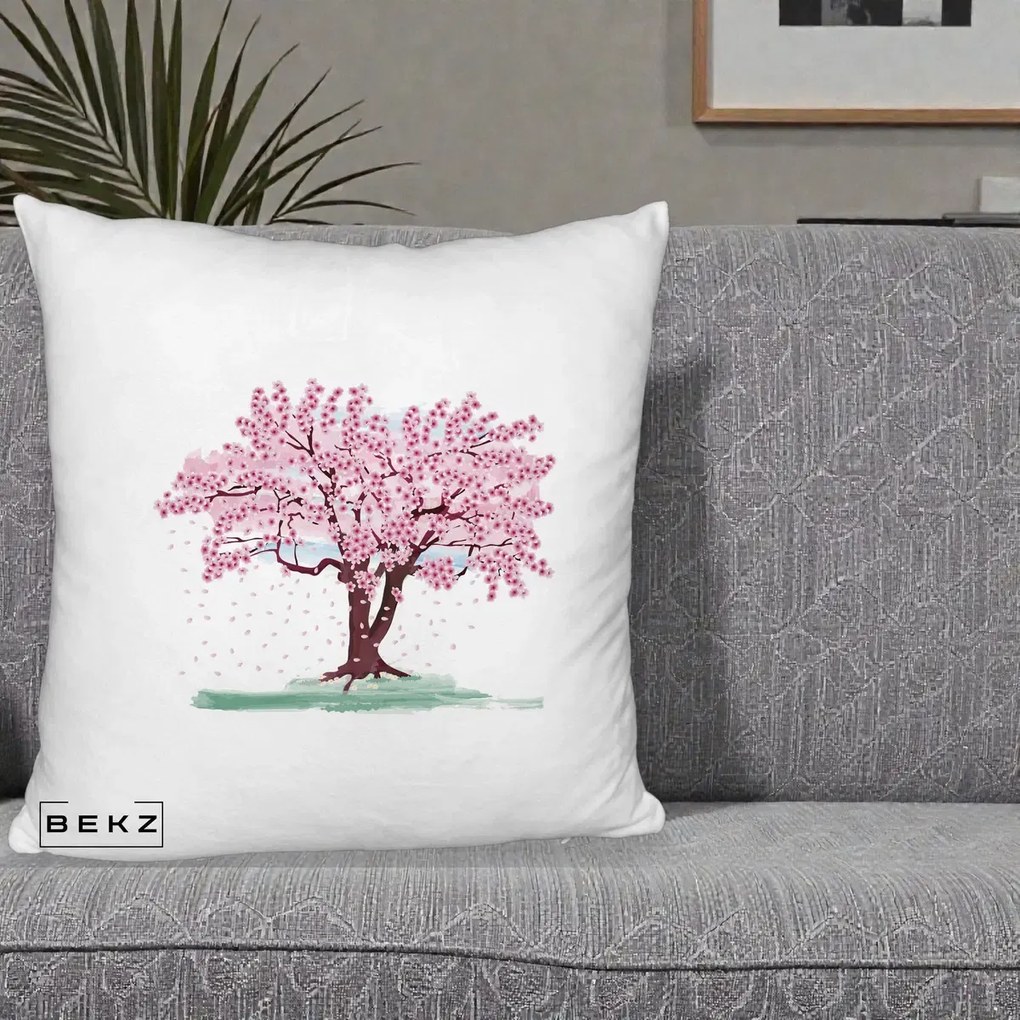 Perna Decorativa Cires Inflorit Acuarela, 40x40 cm, Alb Pufos, Husa Detasabila, Perna Inclusa, BEKZ®