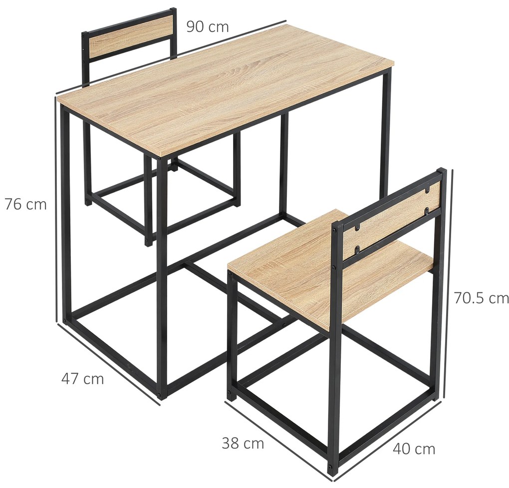 HOMCOM Set Masă și scaune pentru Sălile de mese Set de 1 Masă + 2 scaune encastrabile pentru Bucătărie - metal negru Aspect de stejar deschis | Aosom Romania