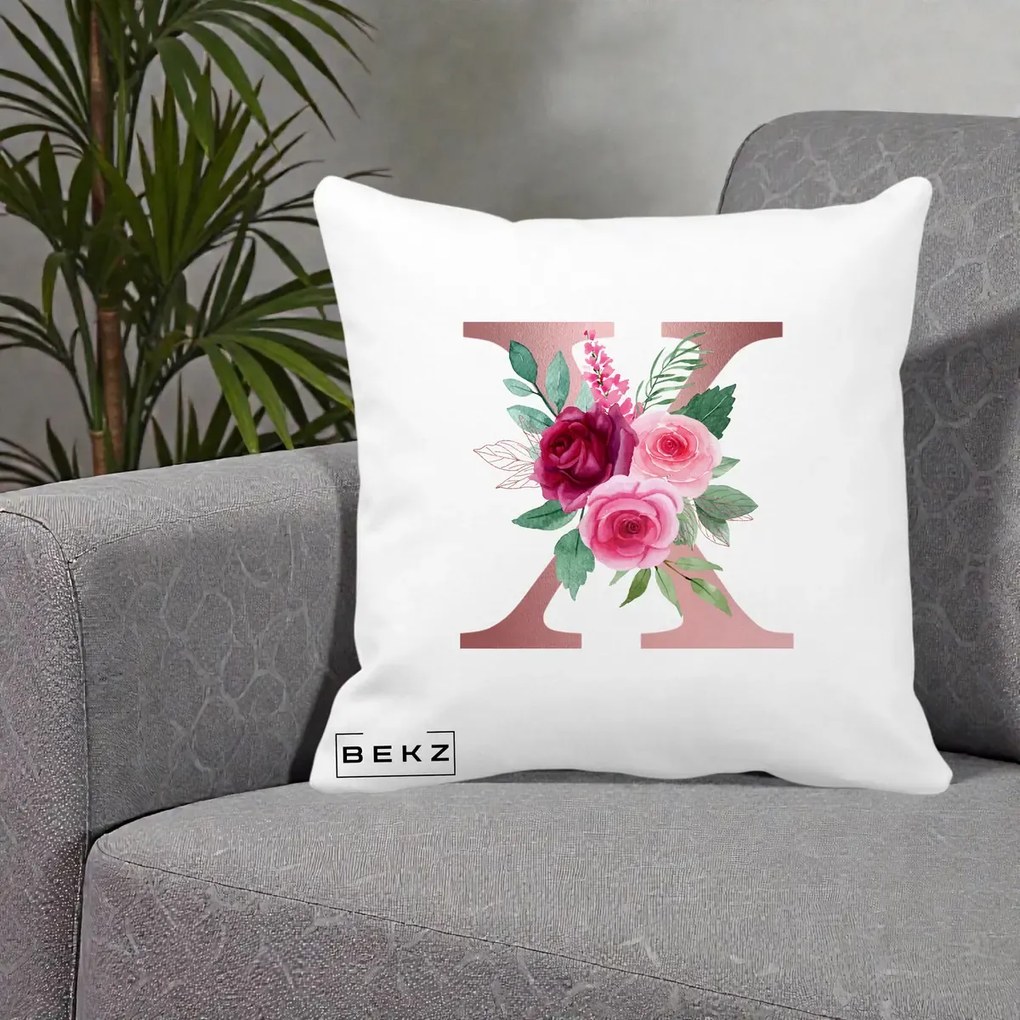 Cadou Personalizat - Perna Personalizata Monograma Rose Gold Litera X, 40x40 cm, Alba Mata, Husa Detasabila, Perna Inclusa, BEKZ®