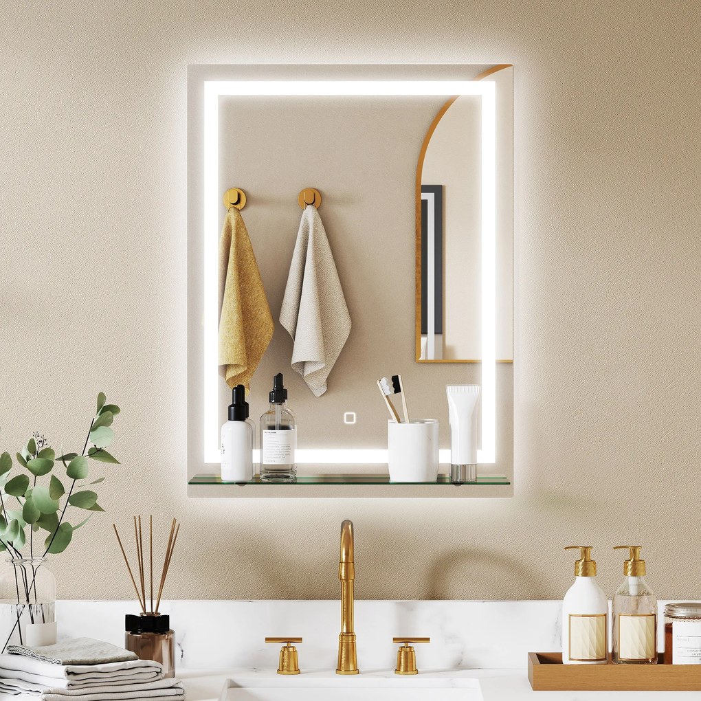 kleankin Oglindă pentru baie 60x80 cm cu 3 culori de lumină, raft din sticlă, funcție memorie și întrerupător tactil Argintiu | Aosom Romania