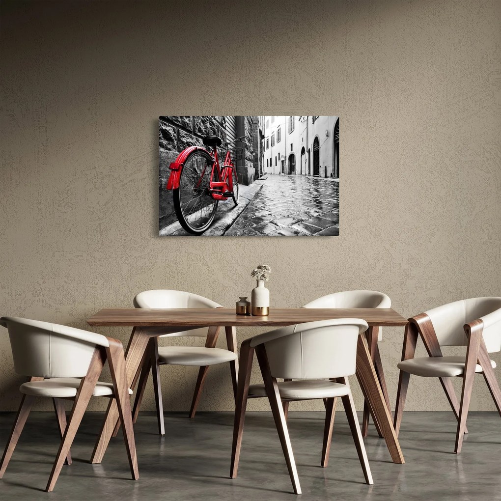 Tablou - Bicicleta roșie pe o stradă pavată (90x60 cm)