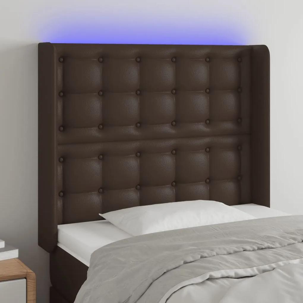 Tablie de pat cu LED, maro, 93x16x118 128 cm, piele ecologica 1, Maro, 93 x 16 x 118 128 cm