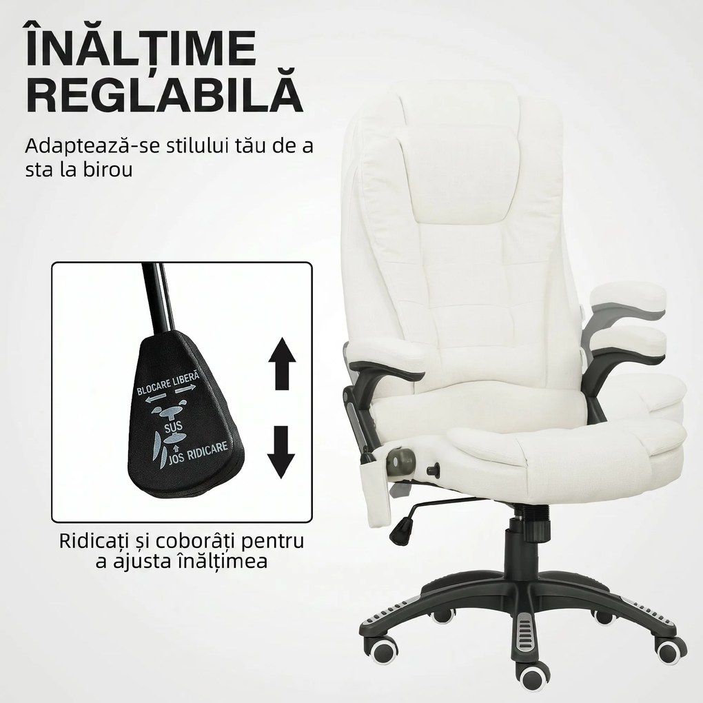 Vinsetto Scaun de Birou Reclinabil cu Masaj, Înălțime Reglabilă, Telecomandă, Textil cu Aspect de In, Crem | Aosom Romania