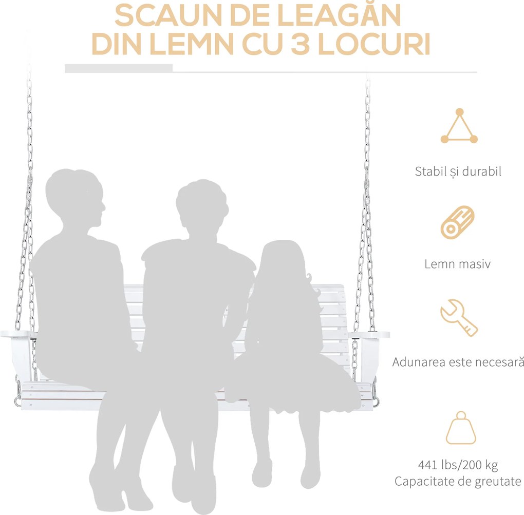 Outsunny Leagăn Suspendat pentru Exterior din Lemn de Brad cu Măsuță Rabatabilă și Suporturi pentru Pahare, Leagăn pentru Grădină sau Terasă cu 2-3 Locuri, Alb | Aosom Romania