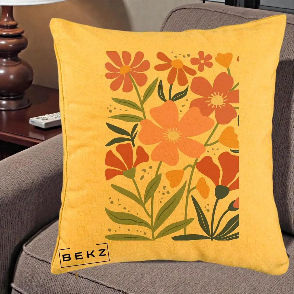 Perna Decorativa Flori Grafice Roz si Terracotta, 40x40 cm, Galben, Husa Detasabila, Perna Inclusa, BEKZ®