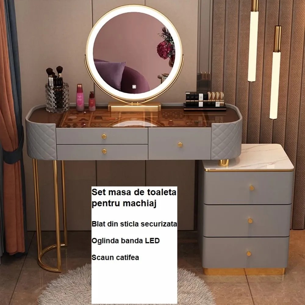 RESIGILAT-Set RANIA, Masă de toaletă pentru machiaj cu oglindă iluminată LED, control touch, 6 sertare, comoda, scaun, Gri