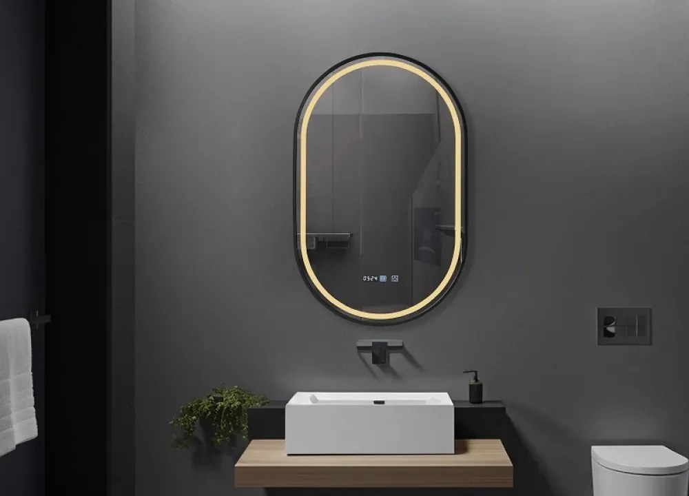 RESIGILAT- Oglinda baie, Multifuncțională, Iluminare LED 3 culori, Ceas încorporat, Sistem Dezaburire, Rama Negru, 50x80 cm