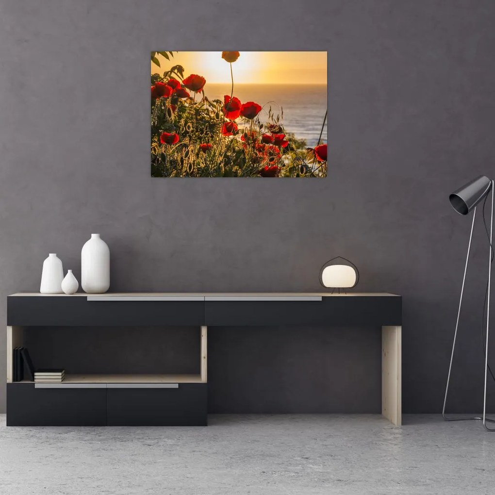Tablou pe sticlă cu apus de soare cu flori de maci (70x50 cm)