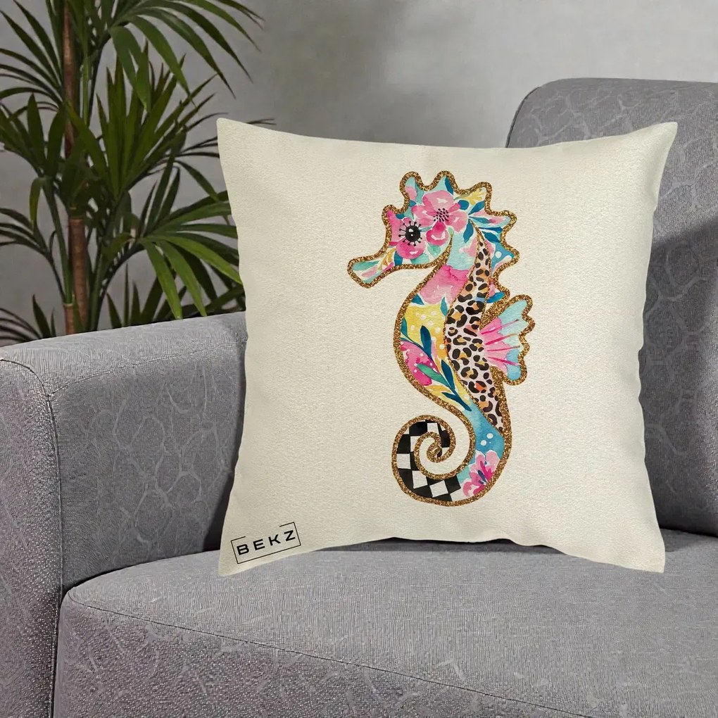 Perna Decorativa Calut de Mare Glitter Tropical, 40x40 cm, Ecru, Husa Detasabila, Perna Inclusa, BEKZ®