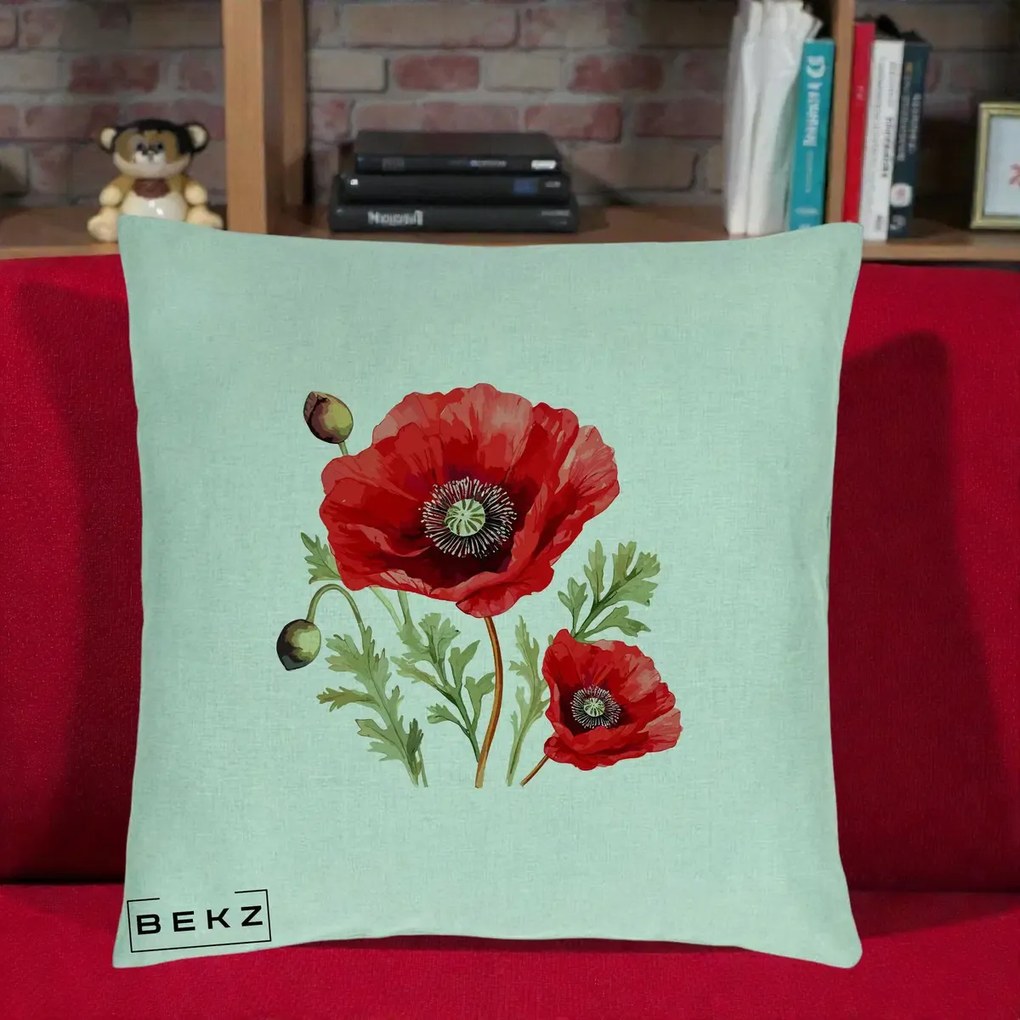 Perna Decorativa Maci Rosii Acuarela, 40x40 cm, Verde Menta, Husa Detasabila, Perna Inclusa, BEKZ®
