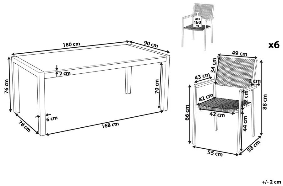 Set de masă pentru grădină Grosso (negru) (blat din sticlă 180x90 cm) (scaune din ratan) (sticlă). 1011749
