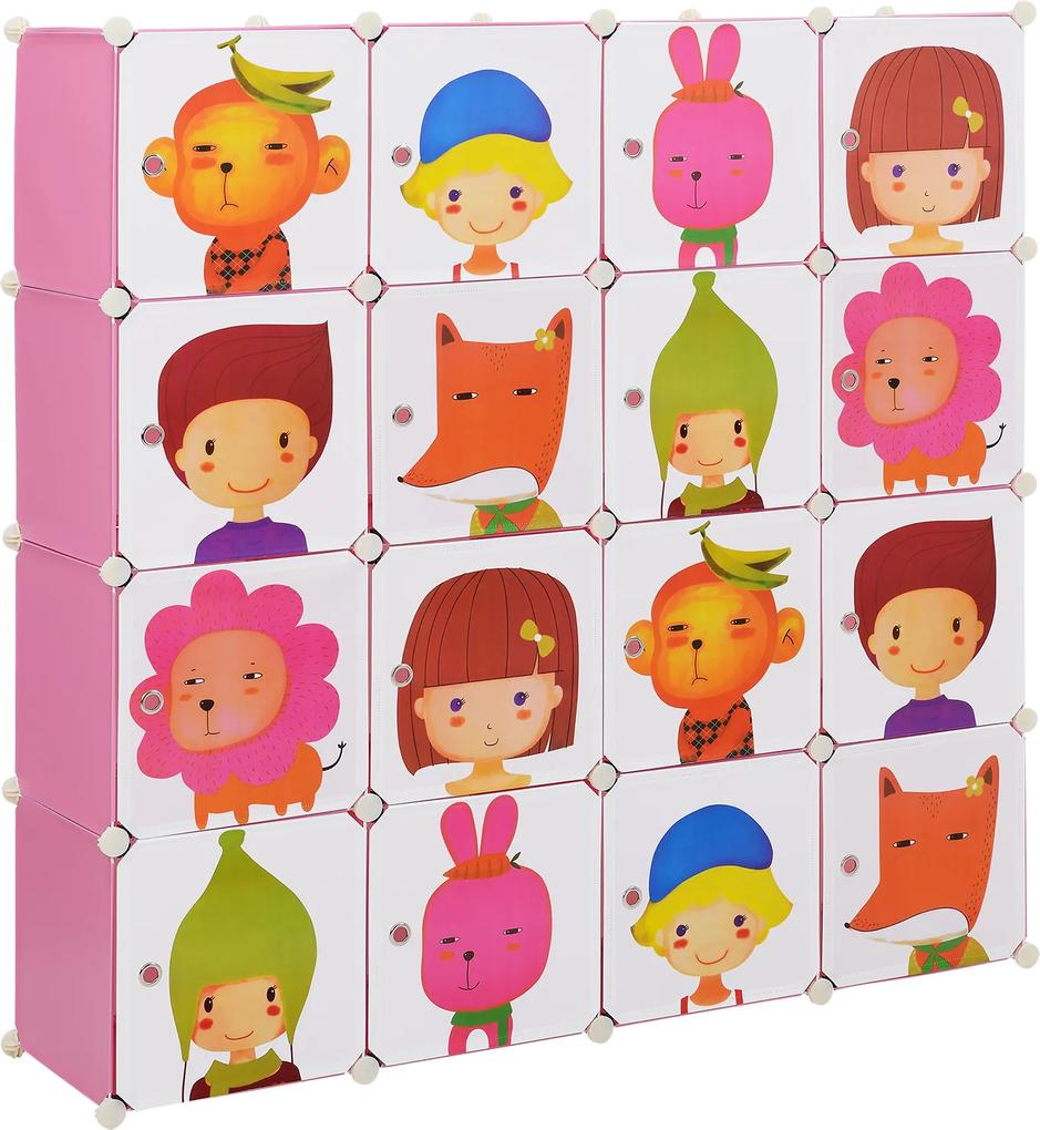 [neu.haus]® Dulap camera copii Pink,145 x 145 x 37 cm, plastic, multicolor, cu 16 compartimente sistem asamblare DIY